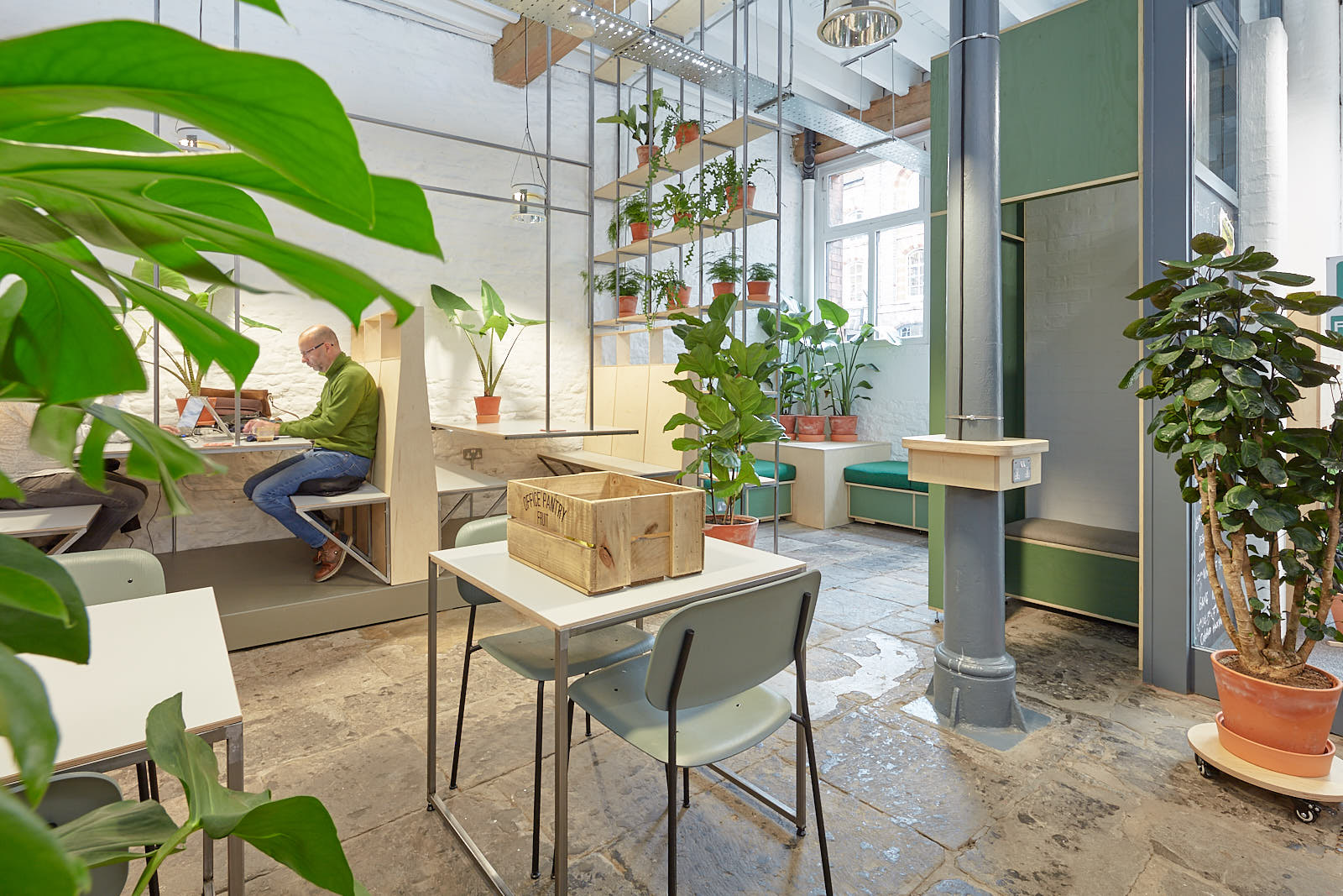 Workspace tables under the glazed roof