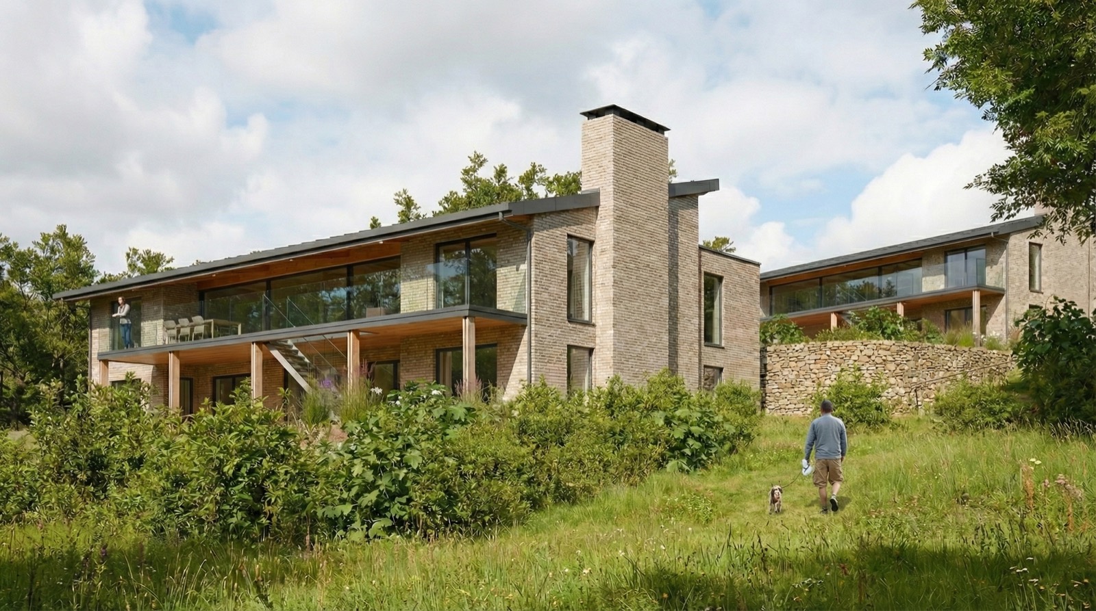 The two houses seen from the meadow below, rendered view