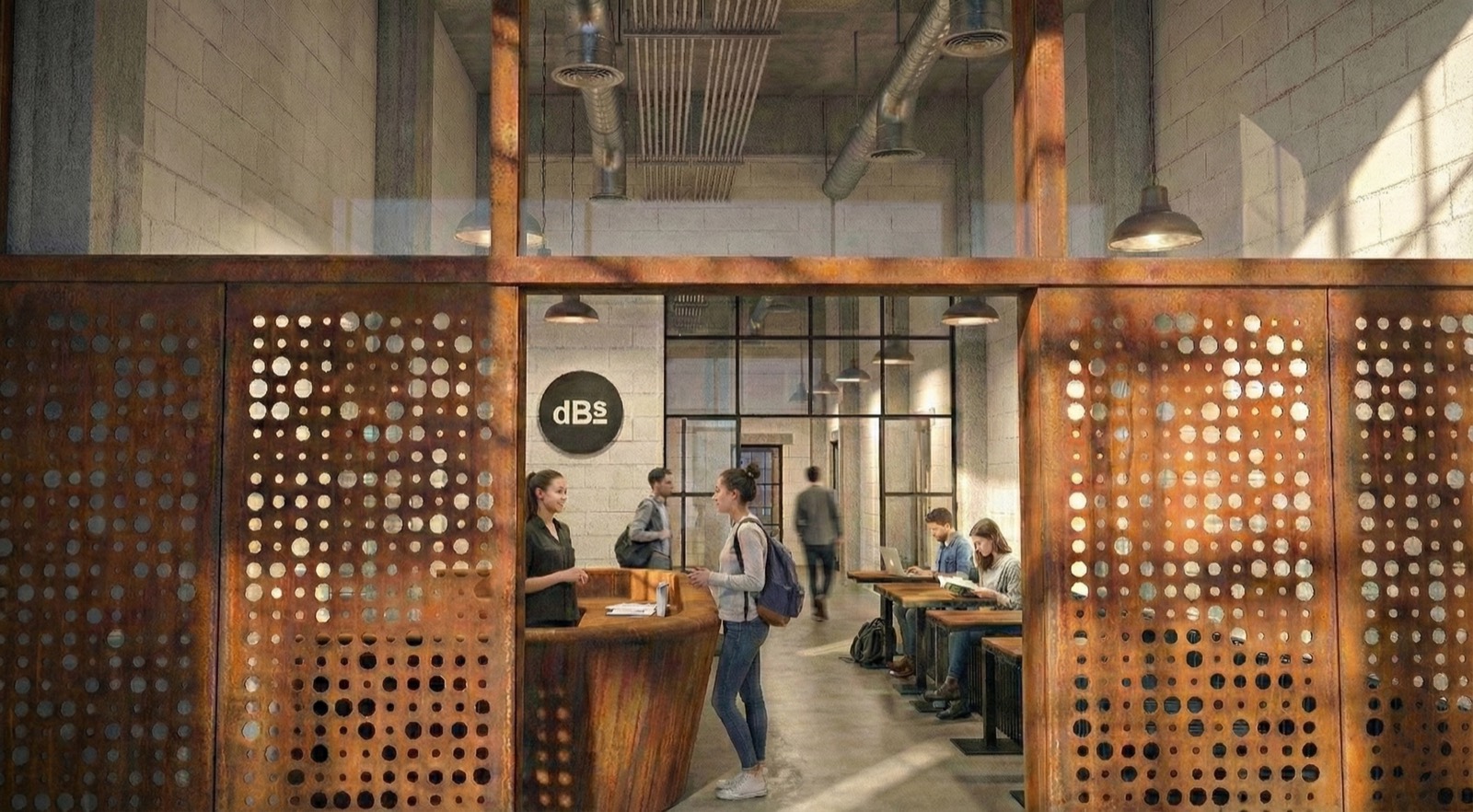 The entrance behind its perforated screen, rendered view