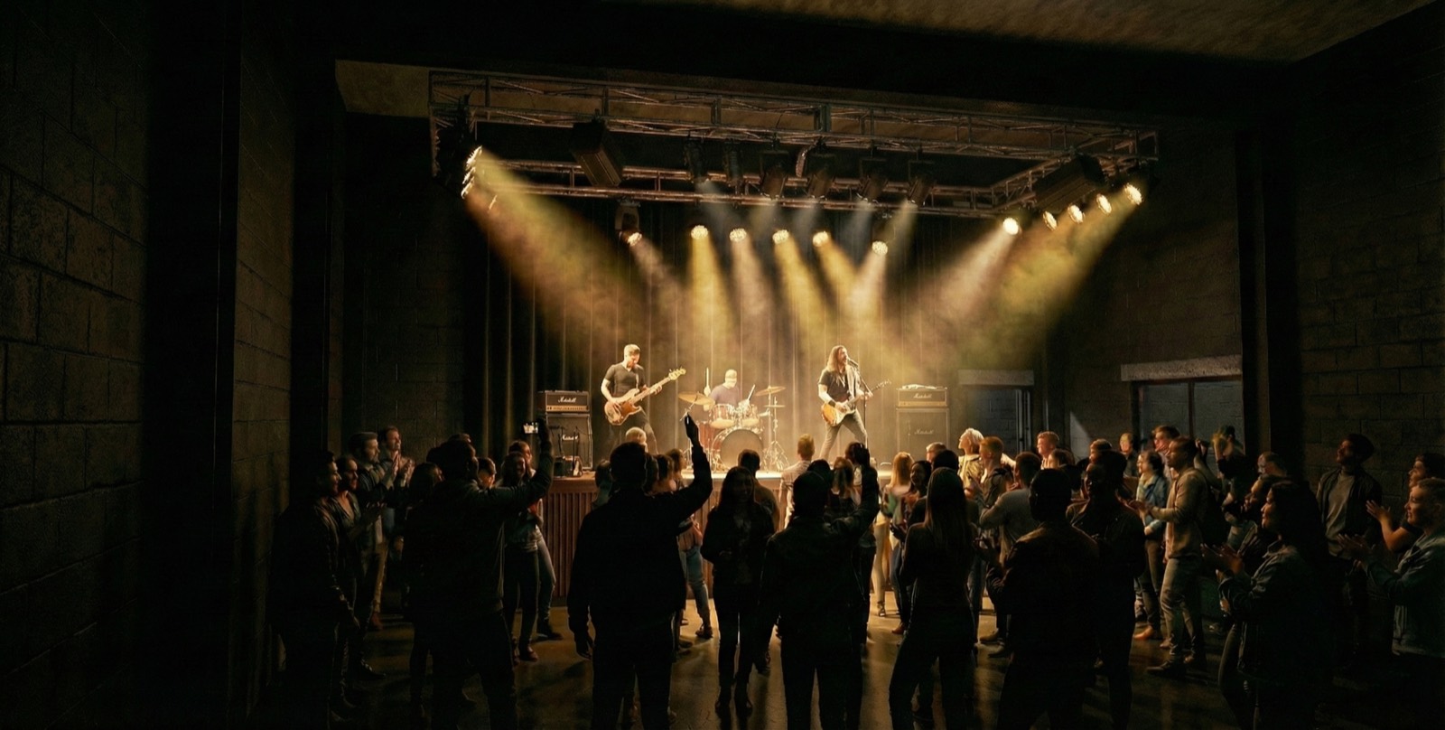 The live sound hall under stage lighting, rendered view