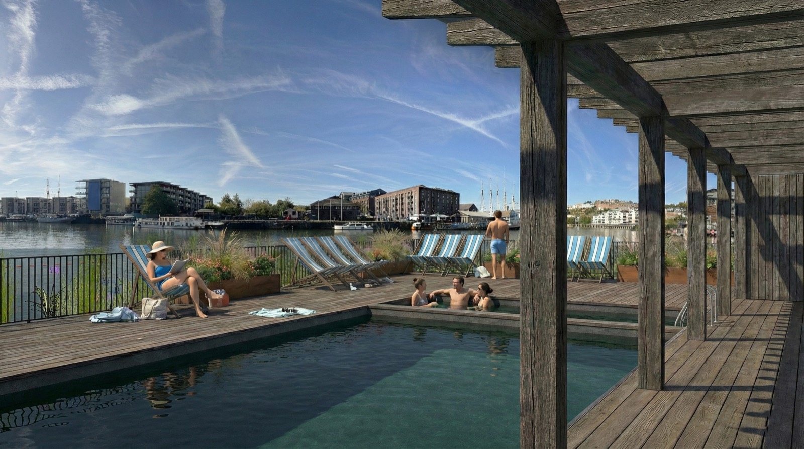 The colonnade walkway past the pools, rendered view