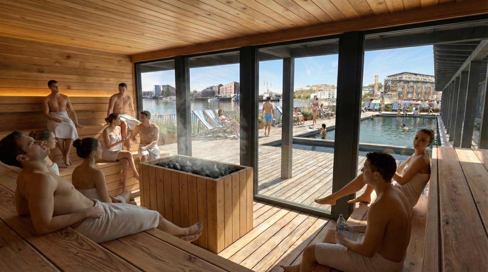 Inside the large sauna with its glazing to the deck, rendered view