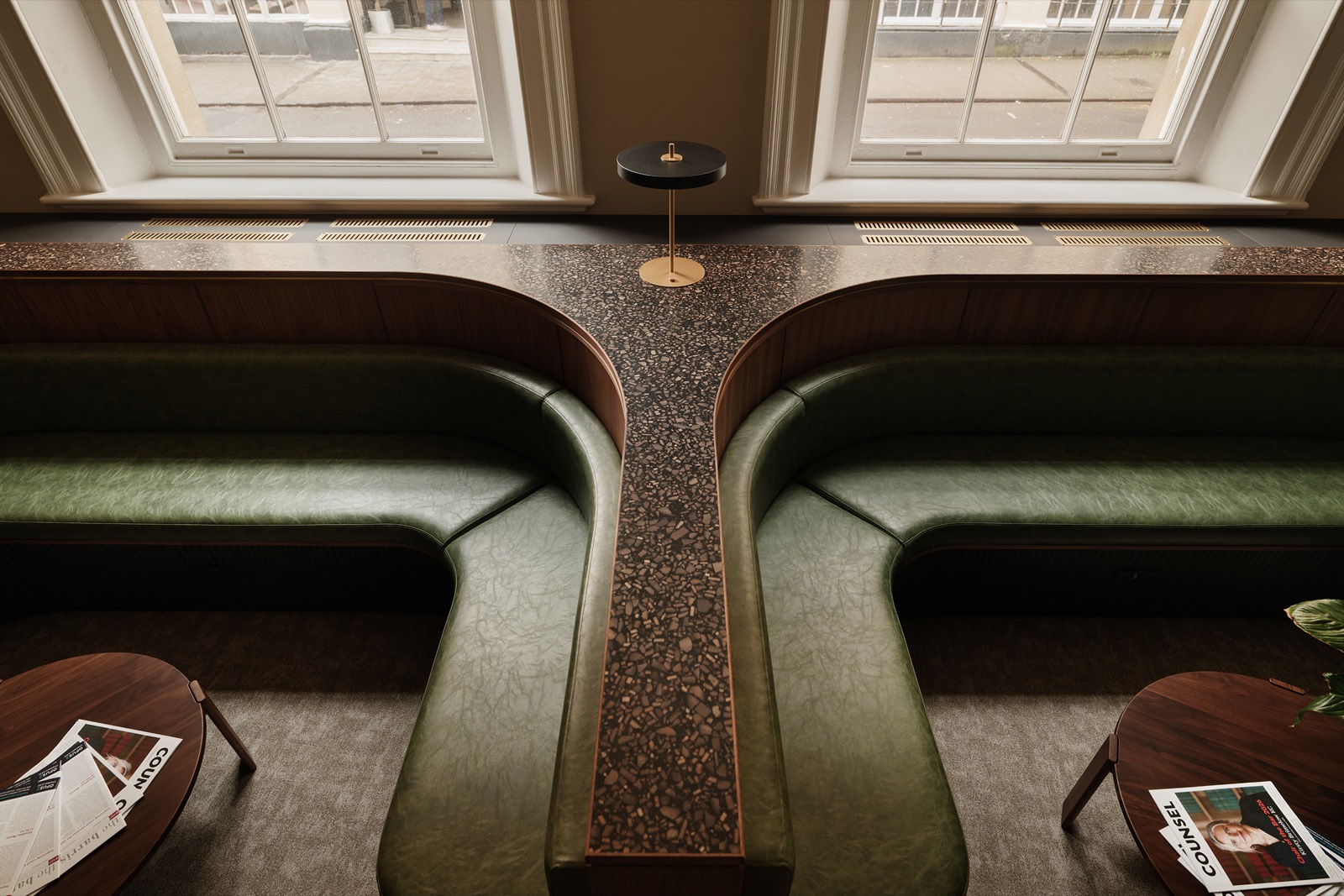 Brass edged banquettes seen from above