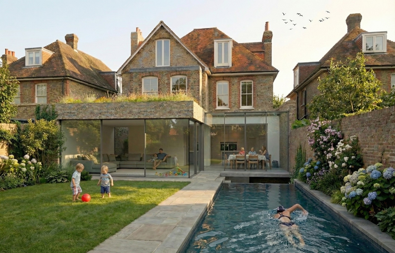 The pool and lawn behind the house, rendered view