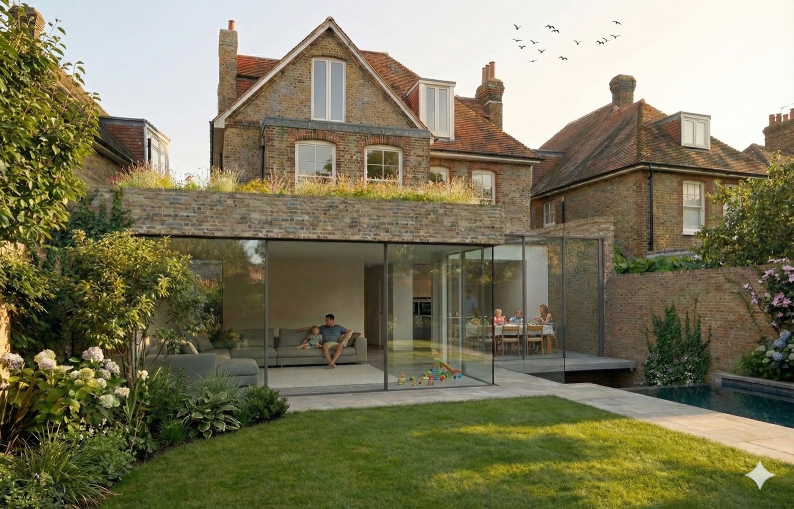 The extension across the lawn, rendered view