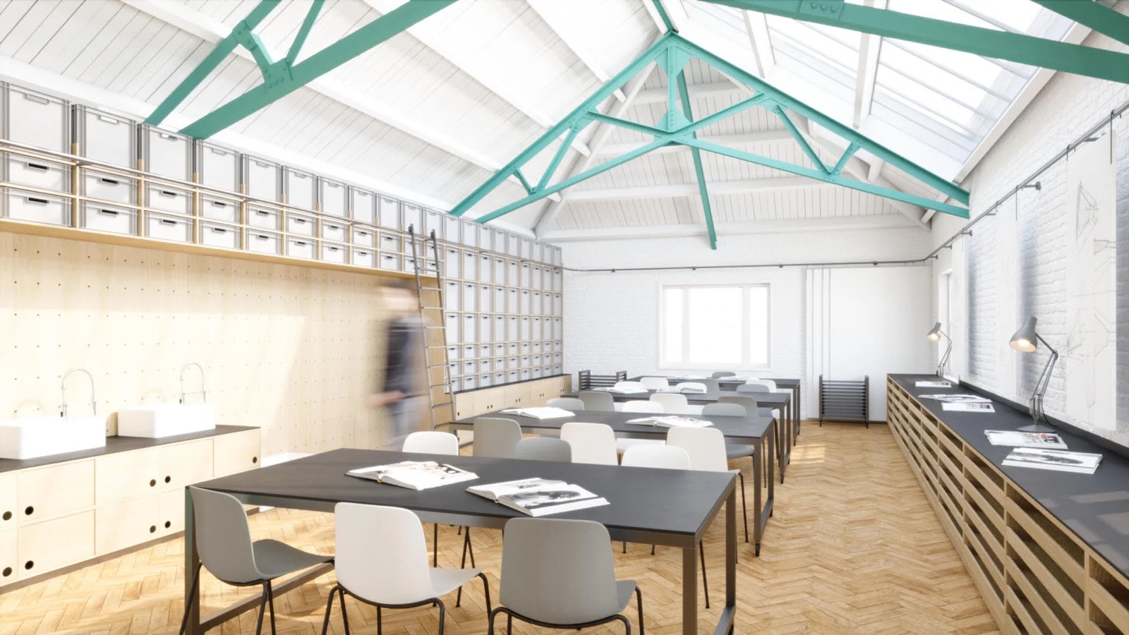 The art room with benches under the trusses, rendered view