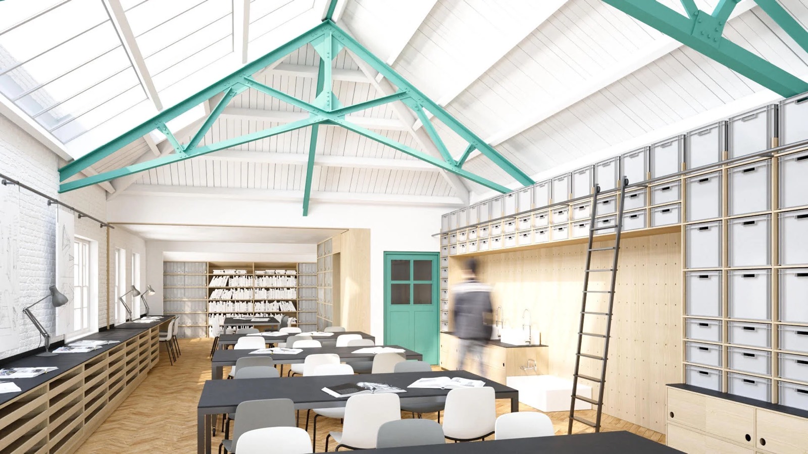The long studio with its green trusses, rendered view