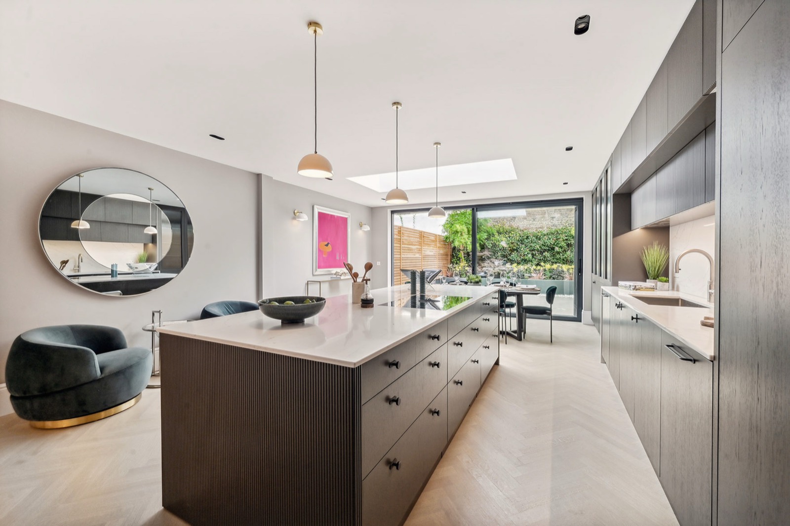 The kitchen island, looking out to the garden