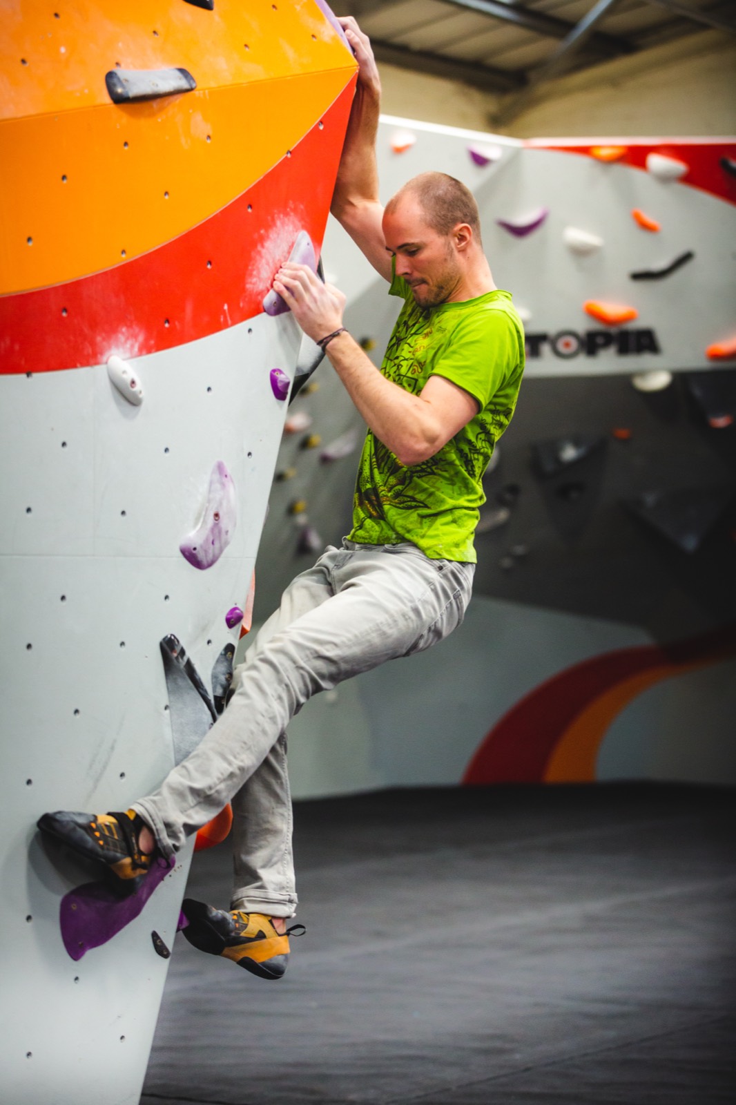 A climber moving across the wall