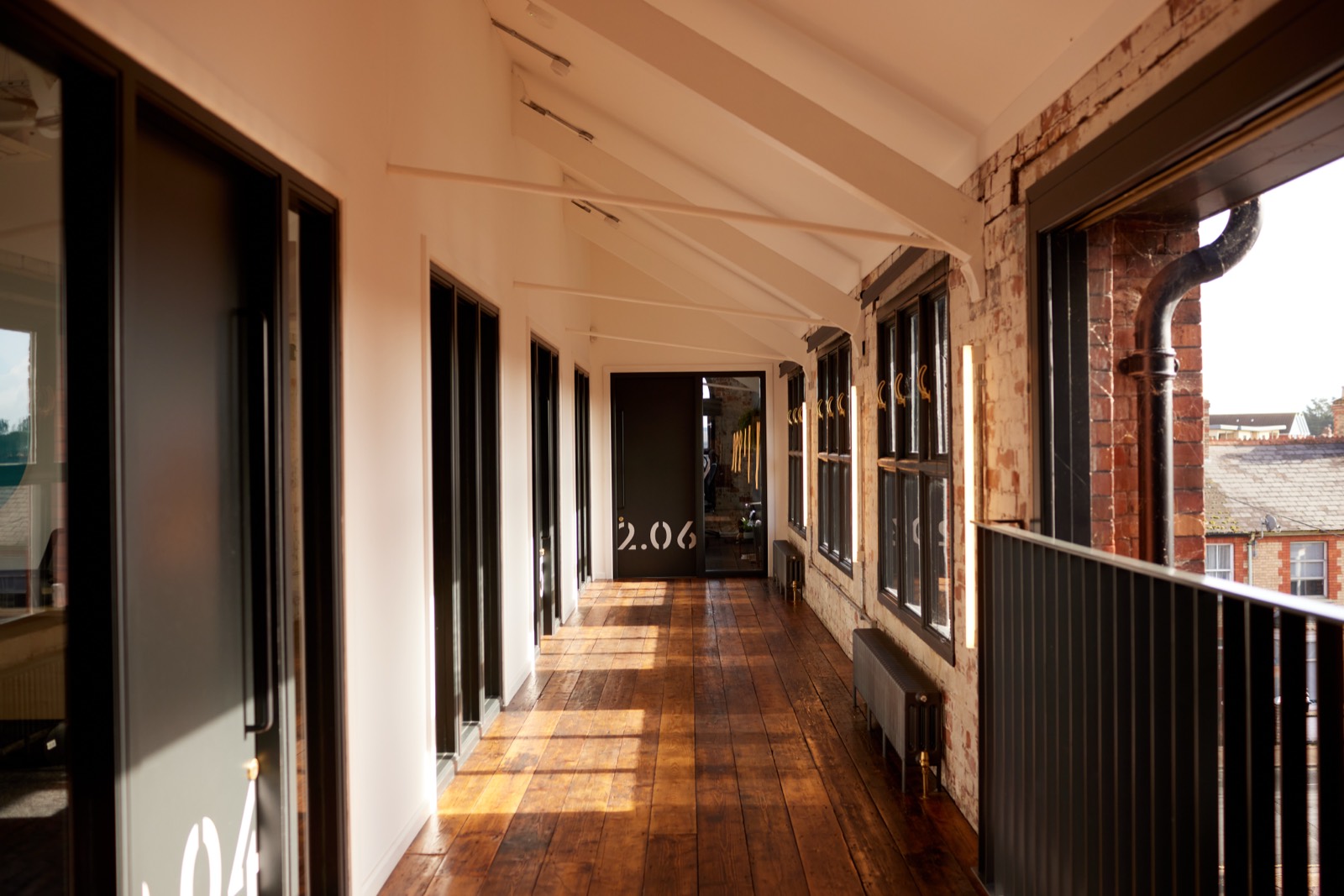 The colonnade walkway along the building