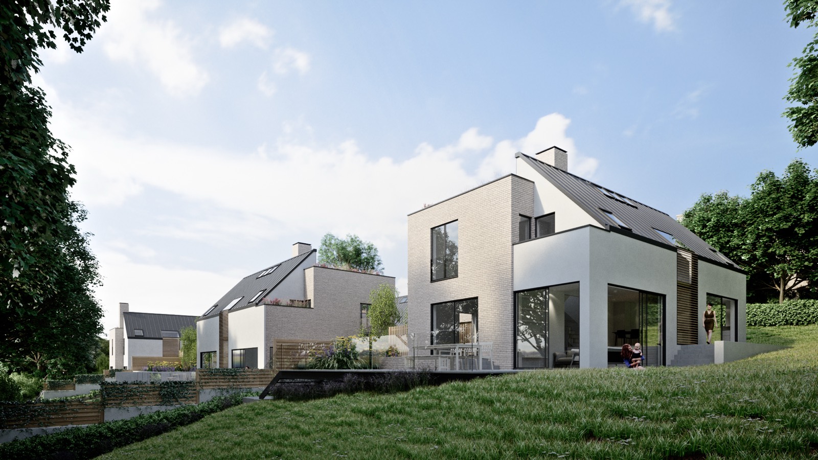 Two of the houses across the green, rendered view