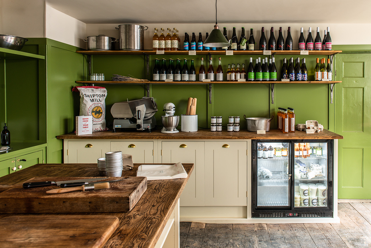 The green painted kitchen units