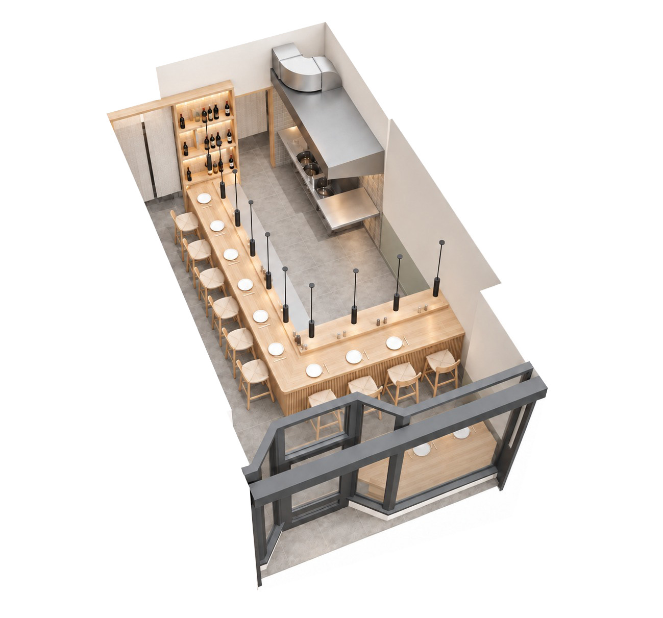 The counter, kitchen and wine shelving from above, rendered view